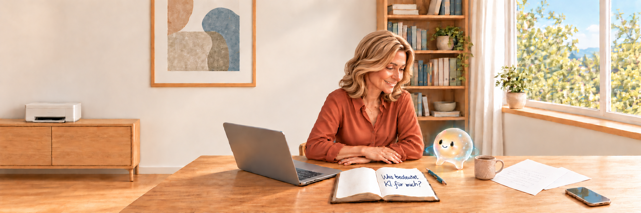 Eine Frau sitzt in einem hellen Arbeitszimmer an einem Schreibtisch mit Laptop, Notizbuch und einer kleinen leuchtenden KI-Figur.